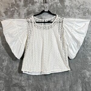 Stella & Dot Top Womens XXL White Eyelet Lace Overlay  Ruffle Bell Sleeves Bride